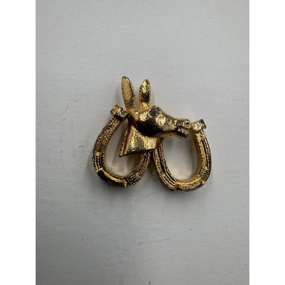 Vintage Donkey Horse Double Horseshoe Gold Colored‎ Pinback Lapel Pin